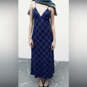 ZARA blue/black flannel midi dress xs